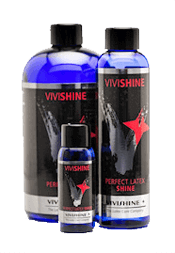 Vivishine - macht Latex glänzend. 3 blaue Flaschen mit Vivishine zur Latexpflege
